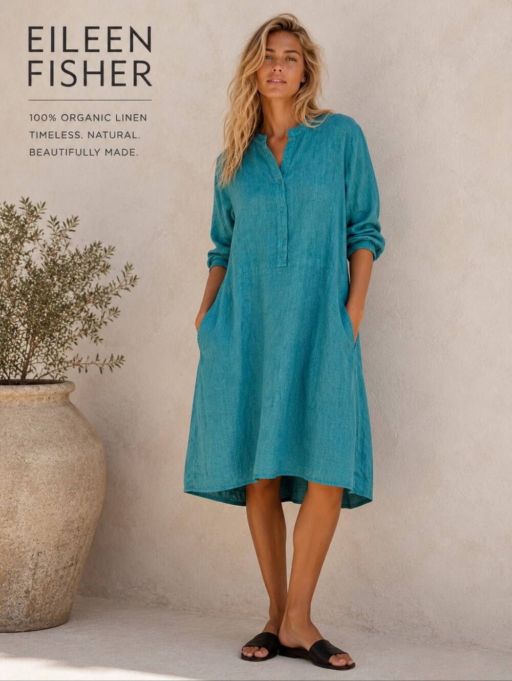 Eileen Fisher Teal Linen Midi Dress